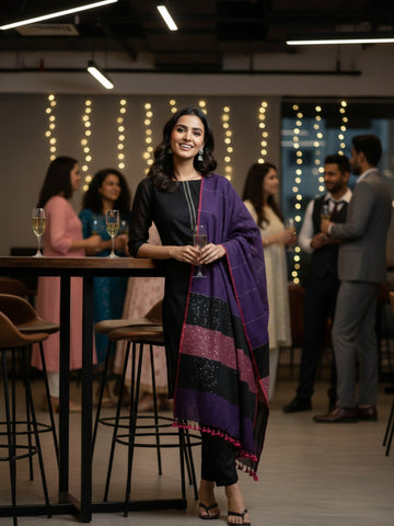 Purple & Magenta Cotton Handloom Sequins Dupatta