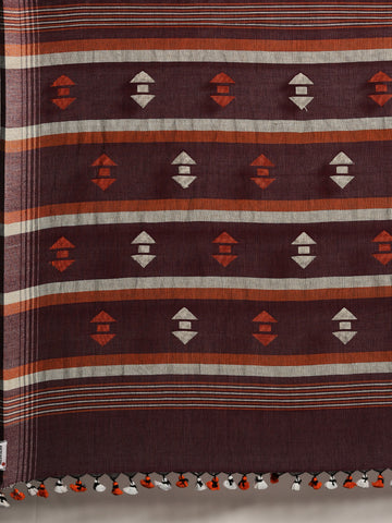 Brown Orange Jamdani Cotton Saree with blouse piece