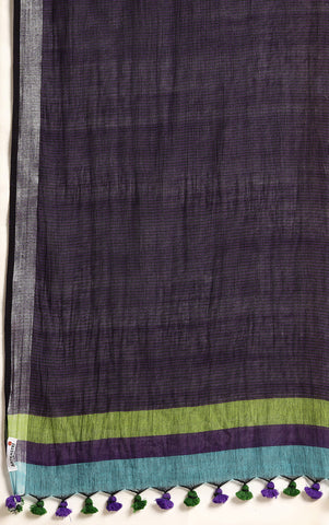 Parrot Green & Blue Colour block Cotton Kantha Stitch Saree with pompoms