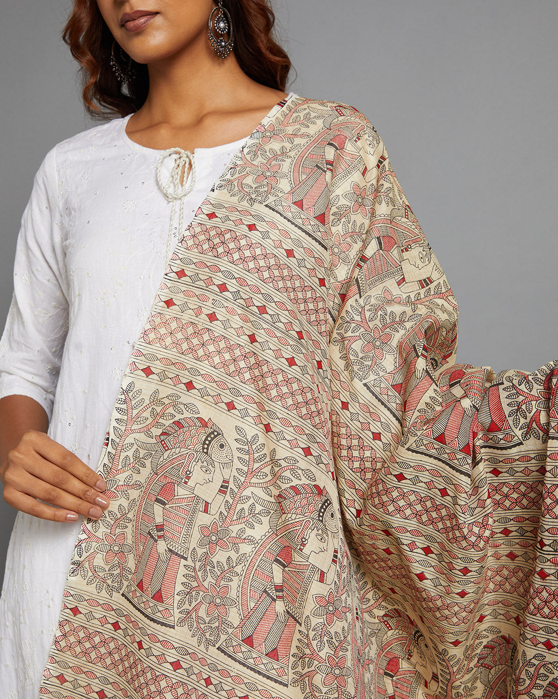 Pure Cotton Madhubani Print Dupatta- Machli Design