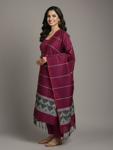 Handloom Mulberry Wine  Blended Silk Dupatta