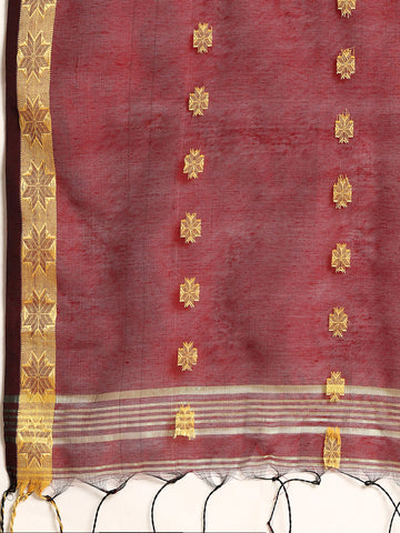 Blue & Red Zari Buti Silk Cotton Saree with blouse piece
