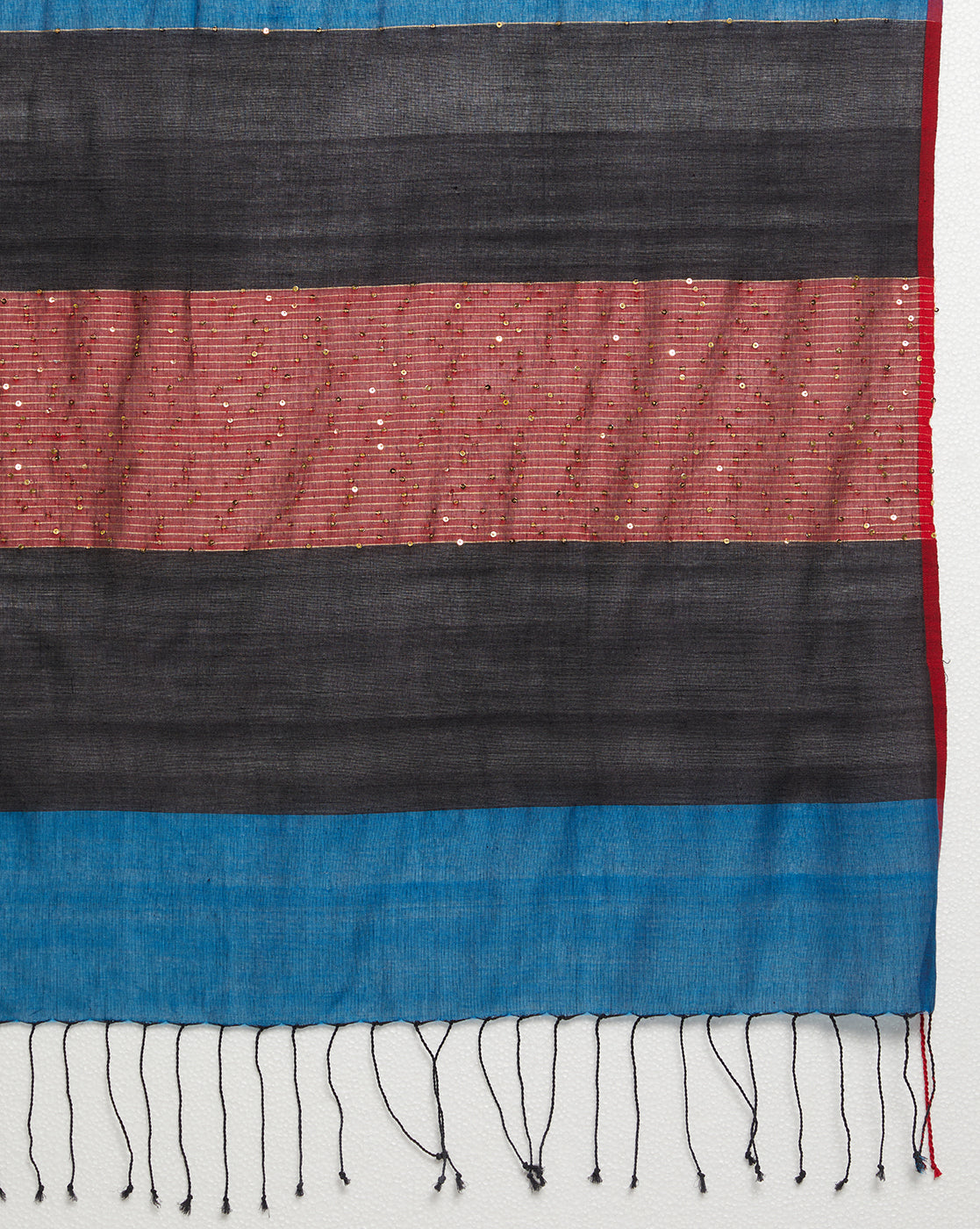 Blue Colourblock Handloom Woven Sequins Cotton Dupatta