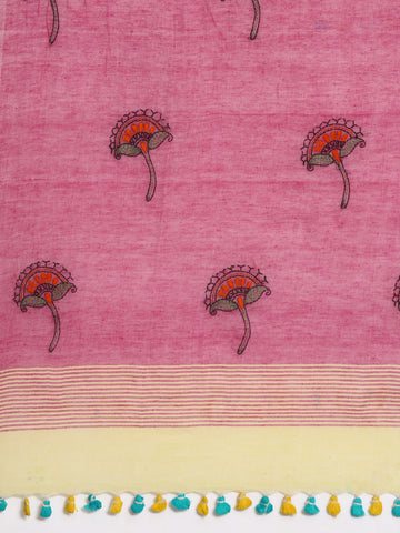 Blue Pink Pure Cotton Kantha Stitch saree