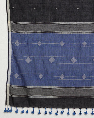 Black Blue Handloom Jamdani Cotton Dupatta with Pompoms