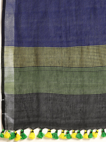 Green & Blue Multi Colourblock Handloom Cotton Kantha Stitch Saree