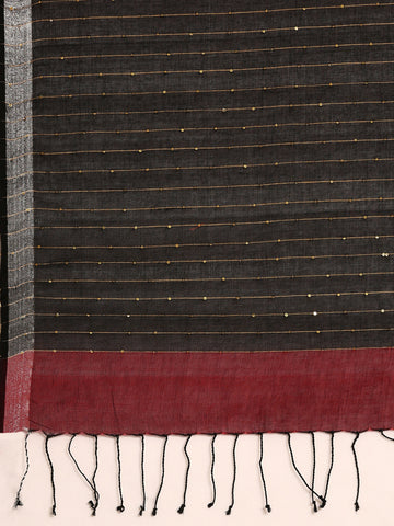 Red Black Sequins Cotton Handloom Saree