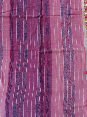 Grey Pink Striped Cotton Handloom Kantha Stitch Saree