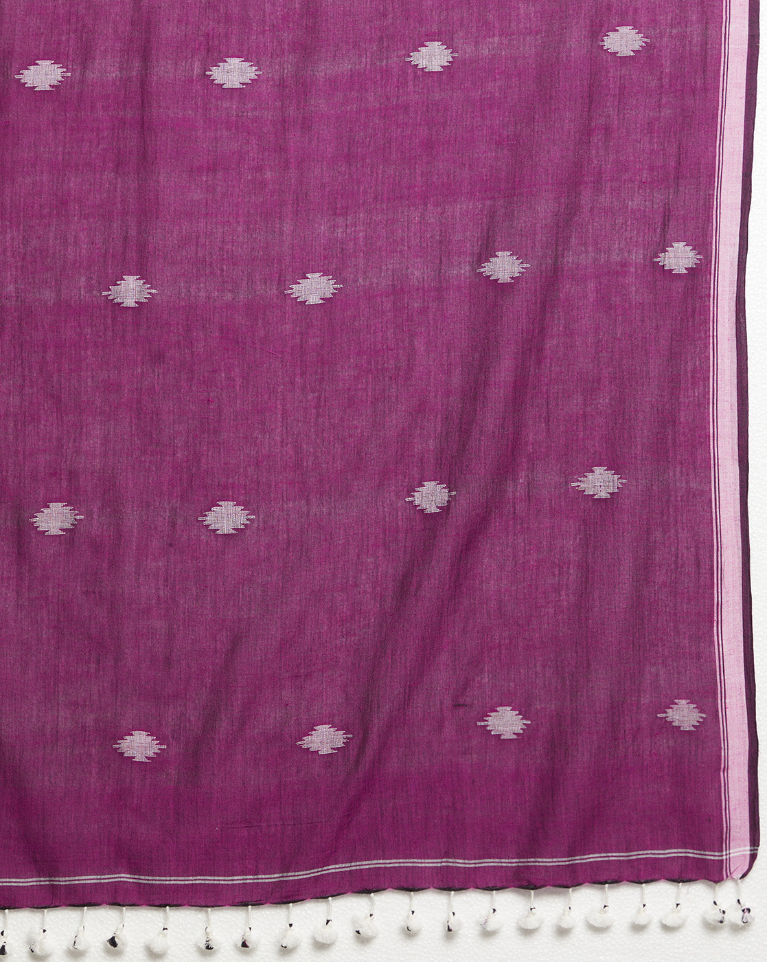 Purple Cotton Handloom Jamdani Dupatta with Pompoms