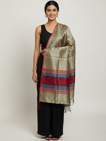 Sage Green Red Blended Silk Handloom Baluchari Dupatta