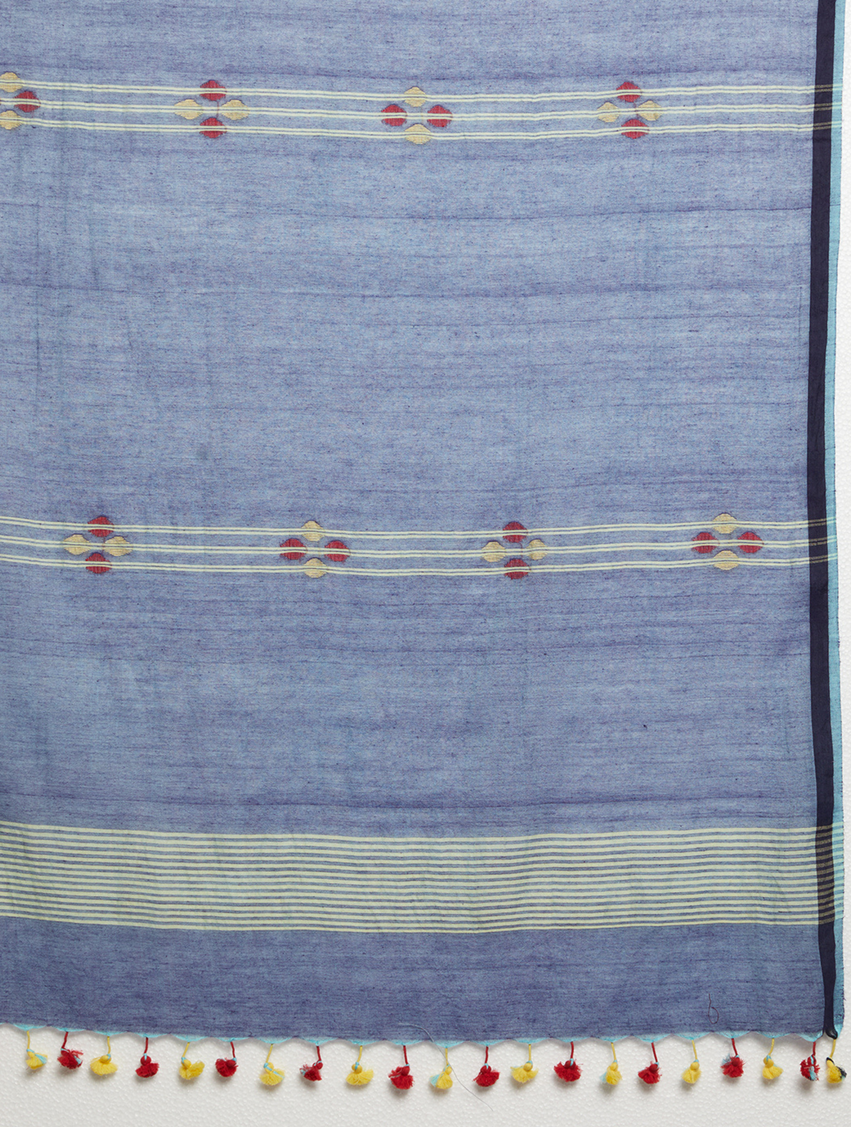 Blue Handloom Jamdani Cotton Dupatta with Pompoms