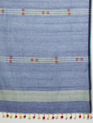 Blue Handloom Jamdani Cotton Dupatta with Pompoms