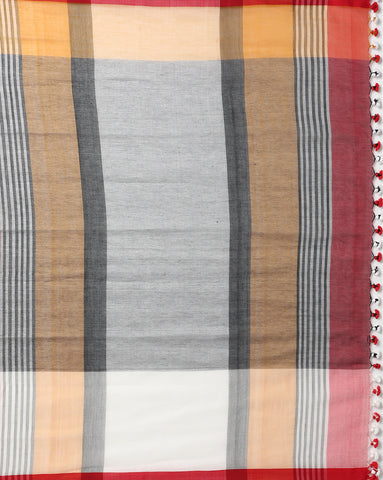 Handloom Colour block Cotton Saree with pompoms