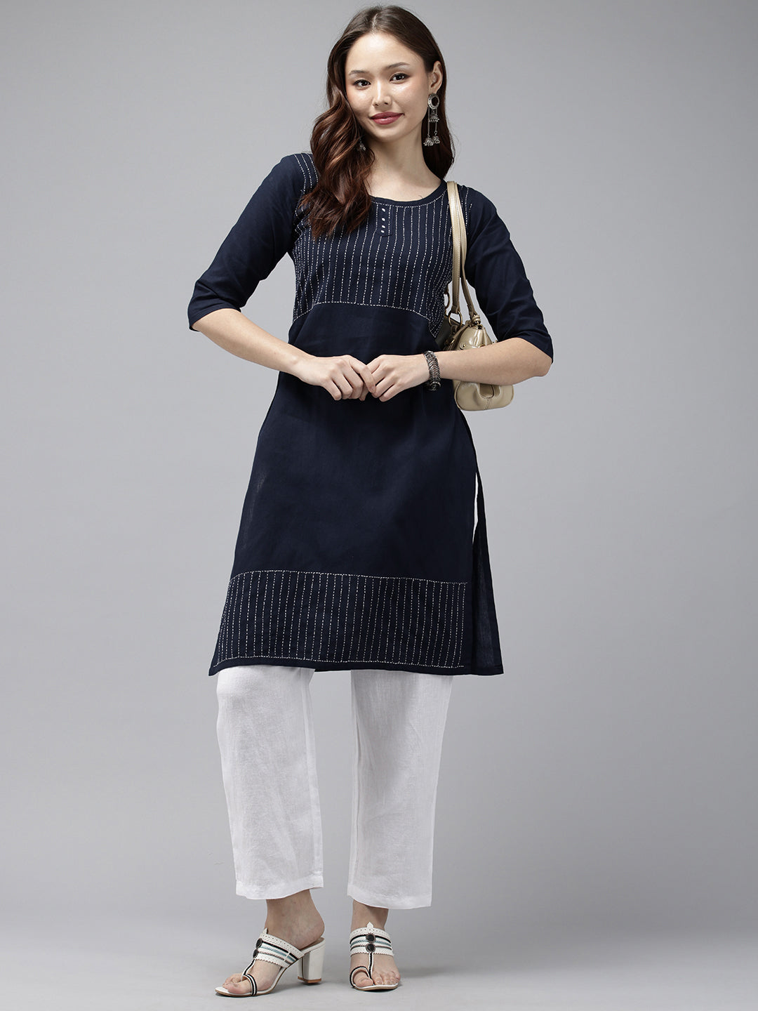 Navy Kantha Cotton Kurta