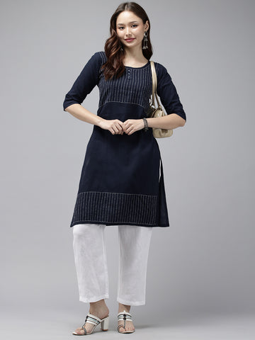 Navy Kantha Cotton Kurta