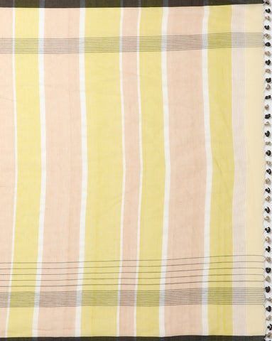 Yellow Cream Colour Block Cotton Saree with pompoms
