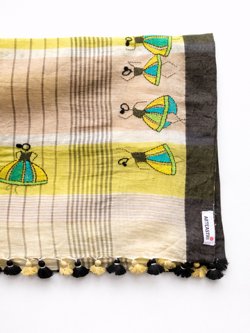 Yellow Handloom Cotton Kantha Stitch Saree with pompoms