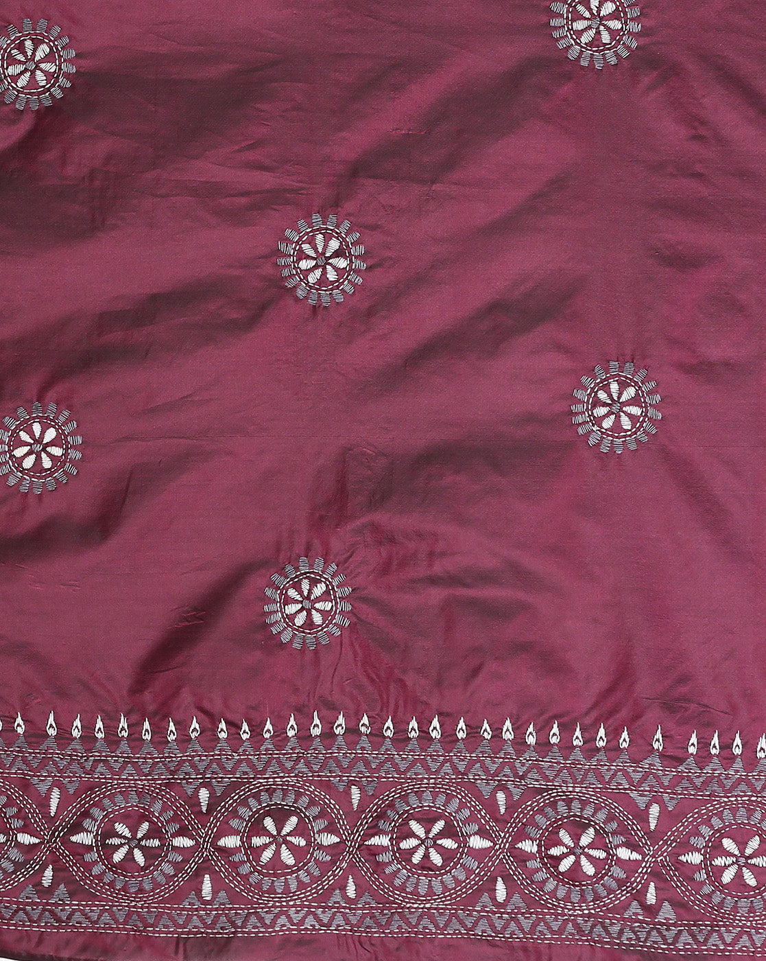 ArtEastri Maroon Grey Silk Kantha Saree with Blouse piece