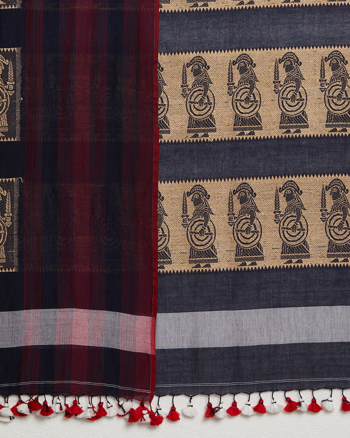 Red Black Handloom Cotton Baluchari Saree