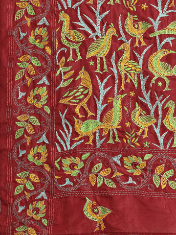 ArtEastri Red Bird Design Artsilk Kantha Saree with Blouse piece