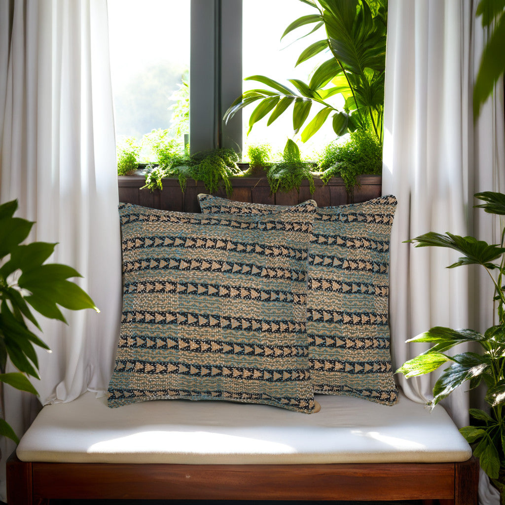 Grey Cream Kantha Silk Reversible Cushion Cover - Pack of 1