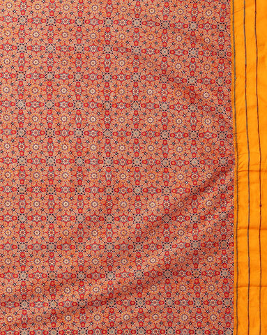 ArtEastri Yellow Red Ajrak Print Khesh Cotton Saree with Blouse piece