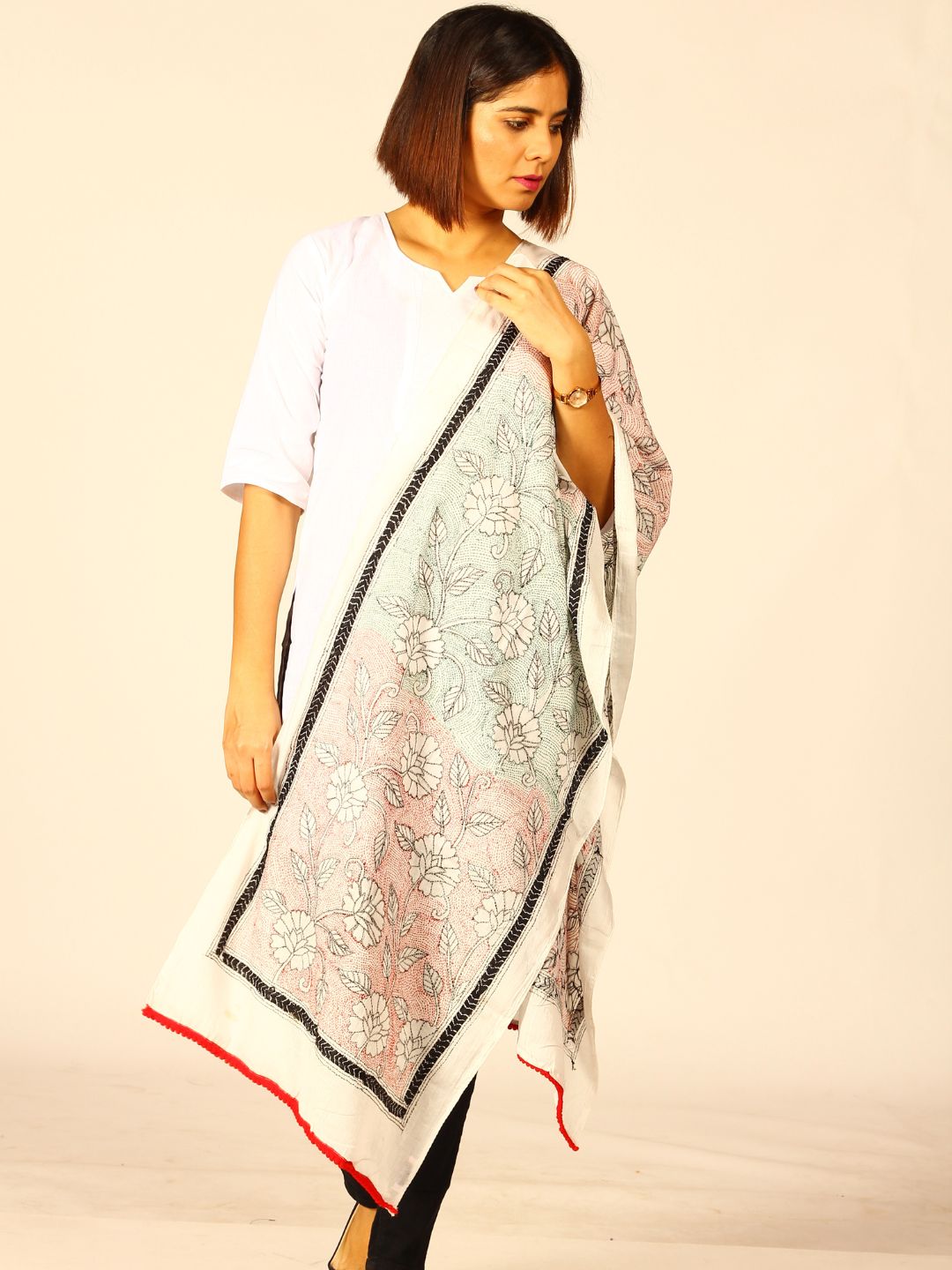 Off White Floral Reverse Kantha Mul Cotton Stole