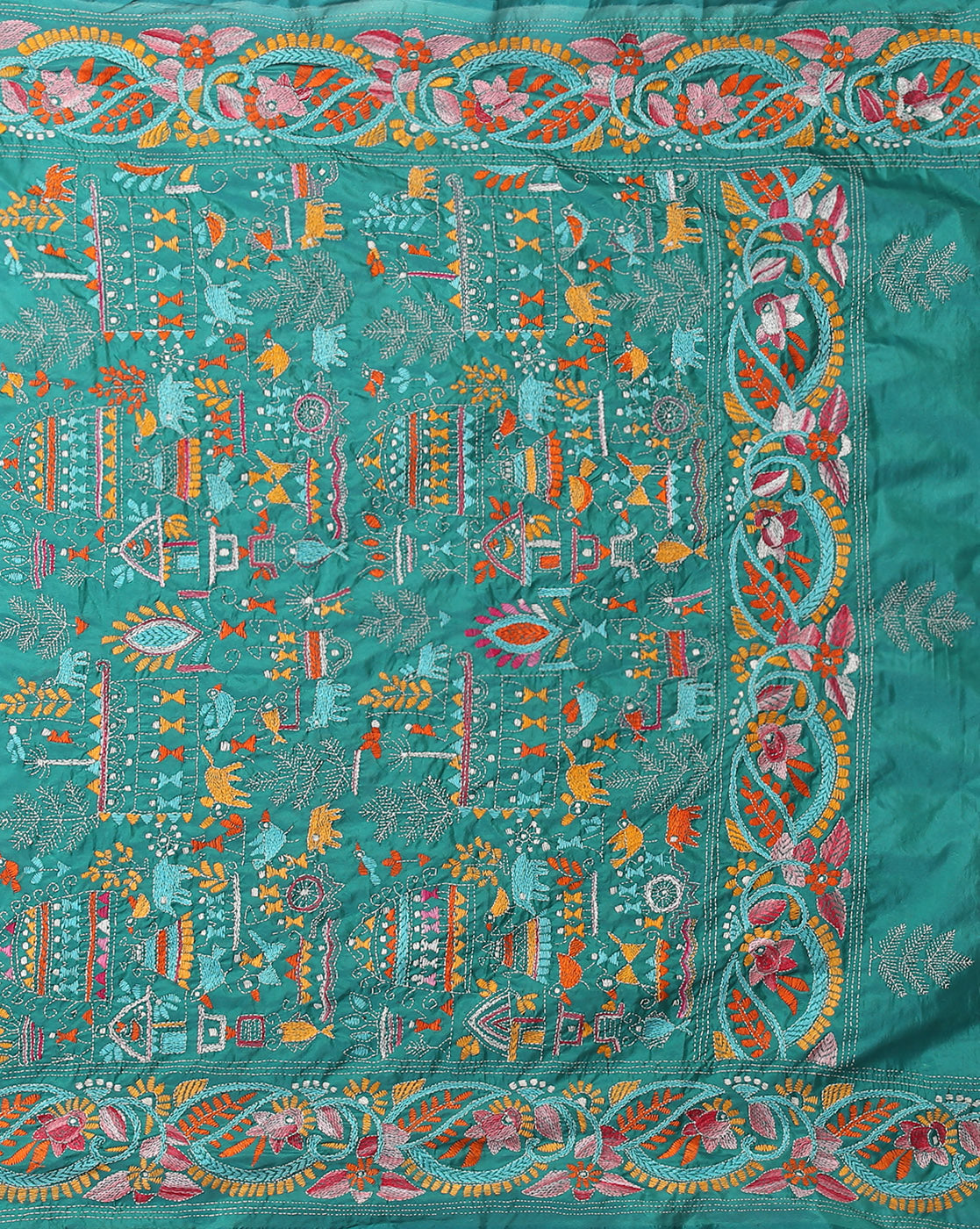 ArtEastri Green Artsilk Kantha Saree with Blouse piece