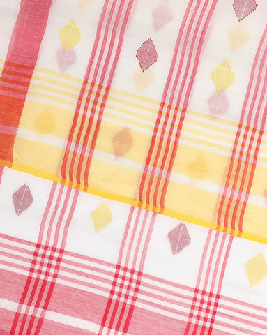 White Red Diamond Jamdani  Cotton Saree