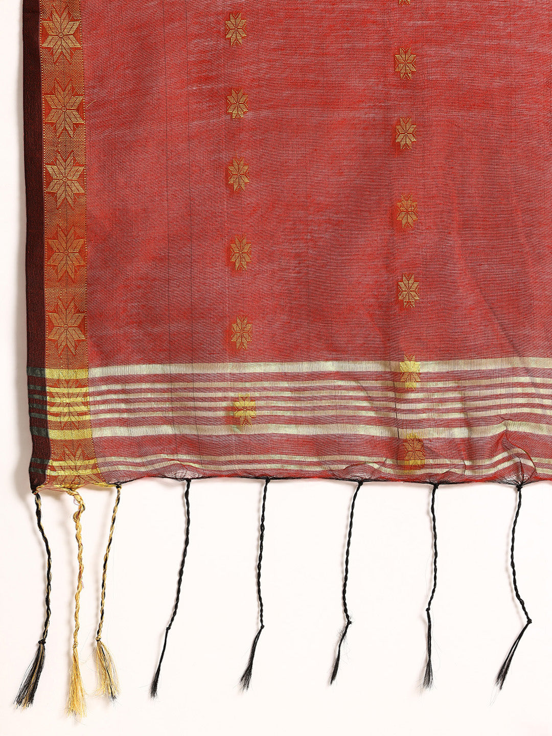 Chocolate Red Zari Buti Silk Cotton Saree with blouse piece