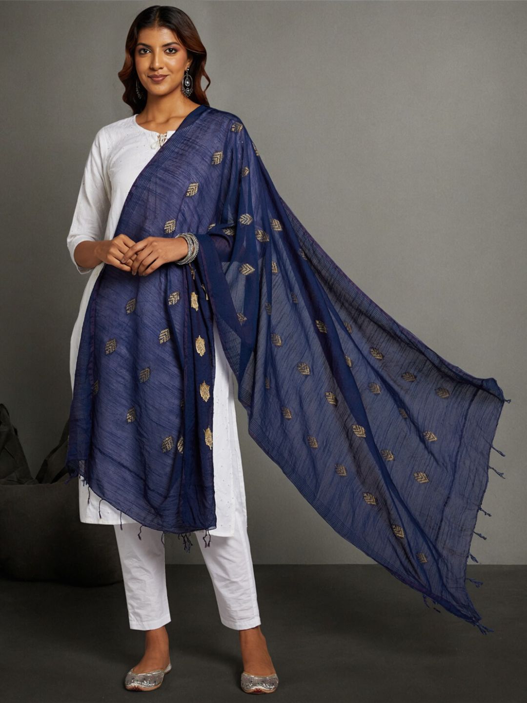 Navy  Zari Woven Jacquard Cotton  Dupatta