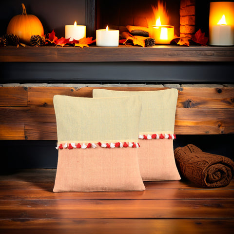 Peach Yellow Cotton Cushion Cover with pompoms - Pack of 1