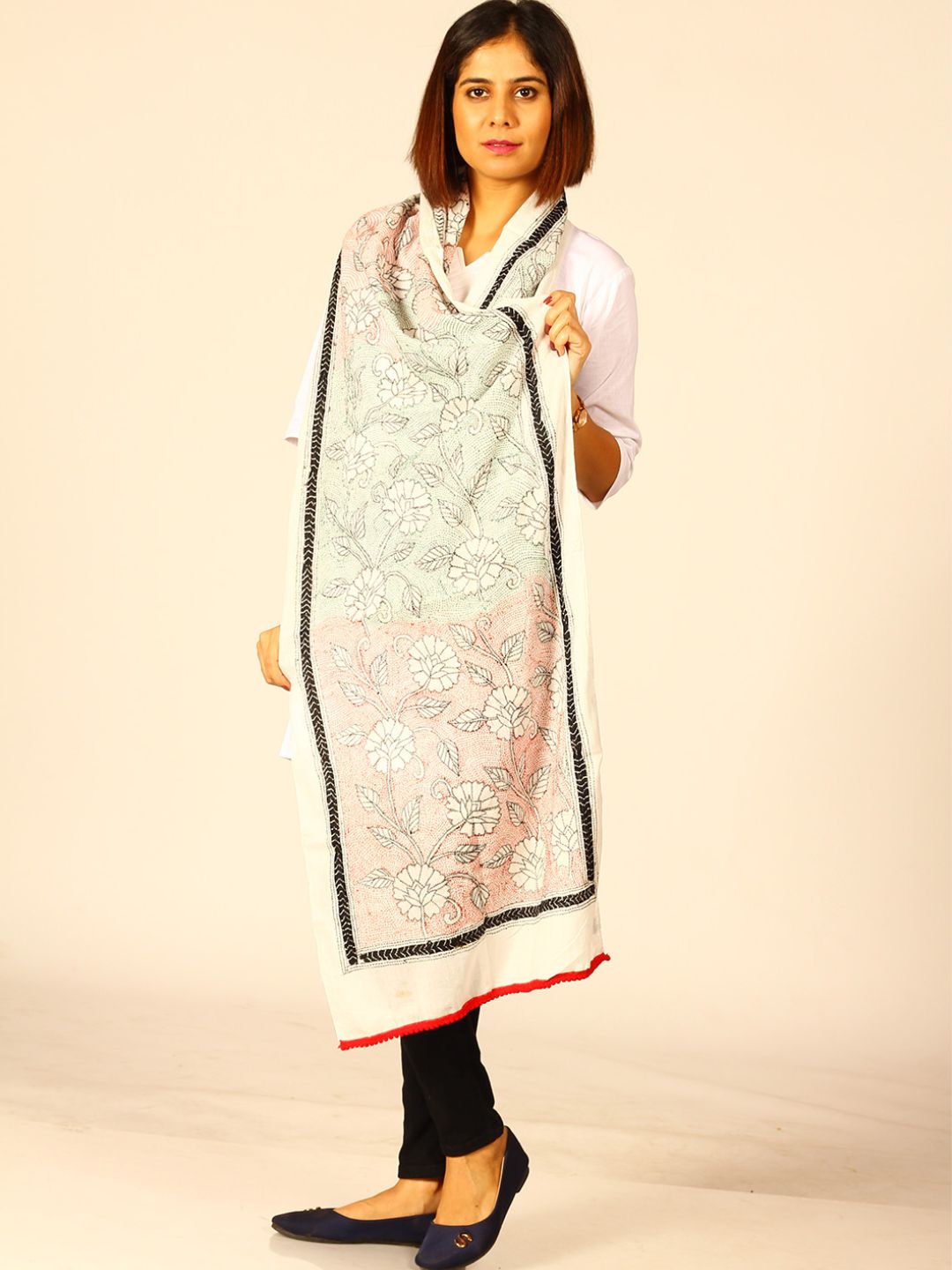 Off White Floral Reverse Kantha Mul Cotton Stole