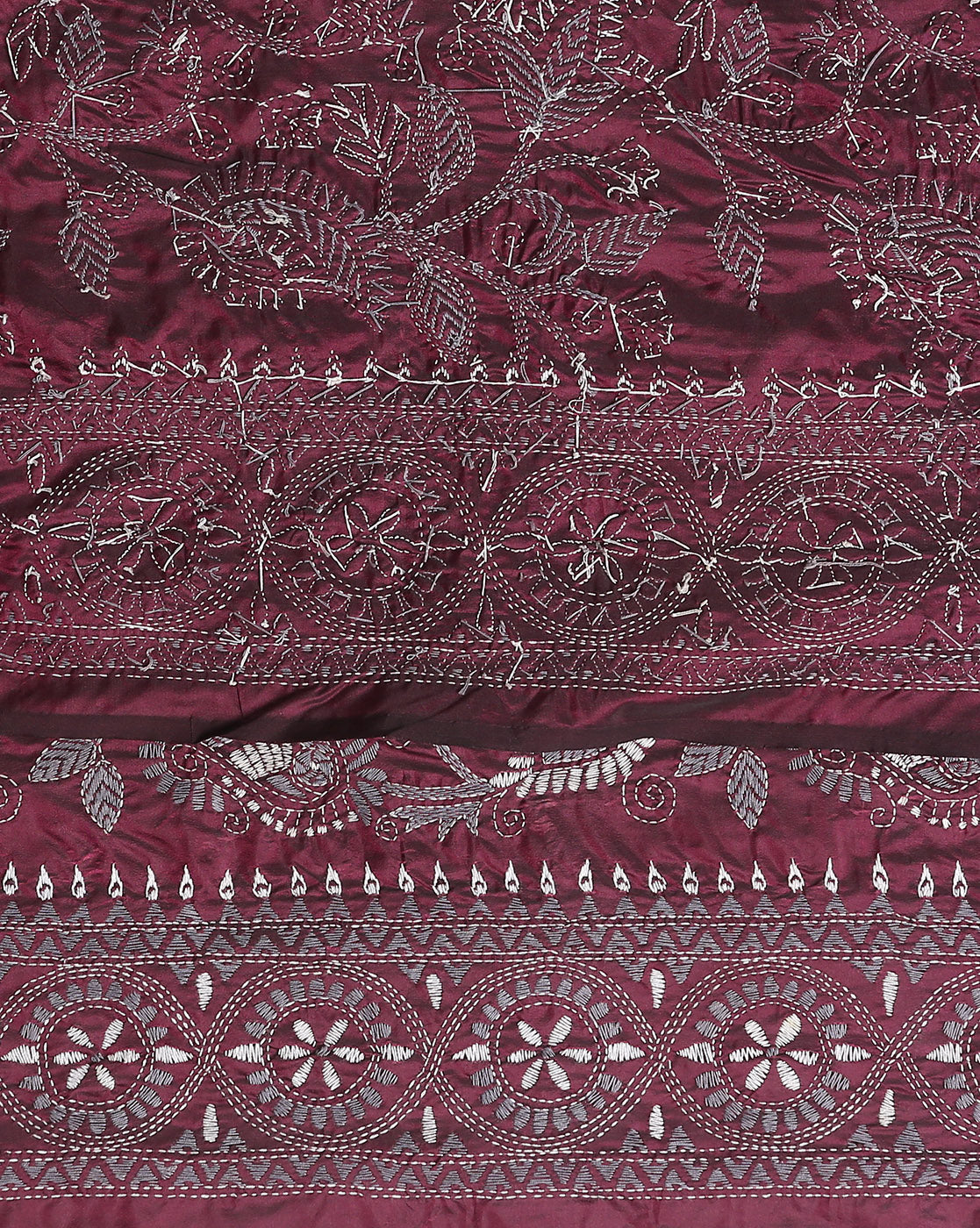 ArtEastri Maroon Grey Silk Kantha Saree with Blouse piece