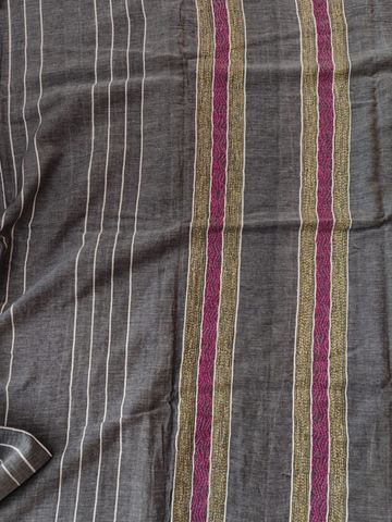 Grey Pink Striped Cotton Handloom Kantha Stitch Saree