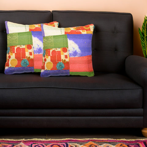 Multi  Silk Patch Kantha Cushion cover - Pack of 1