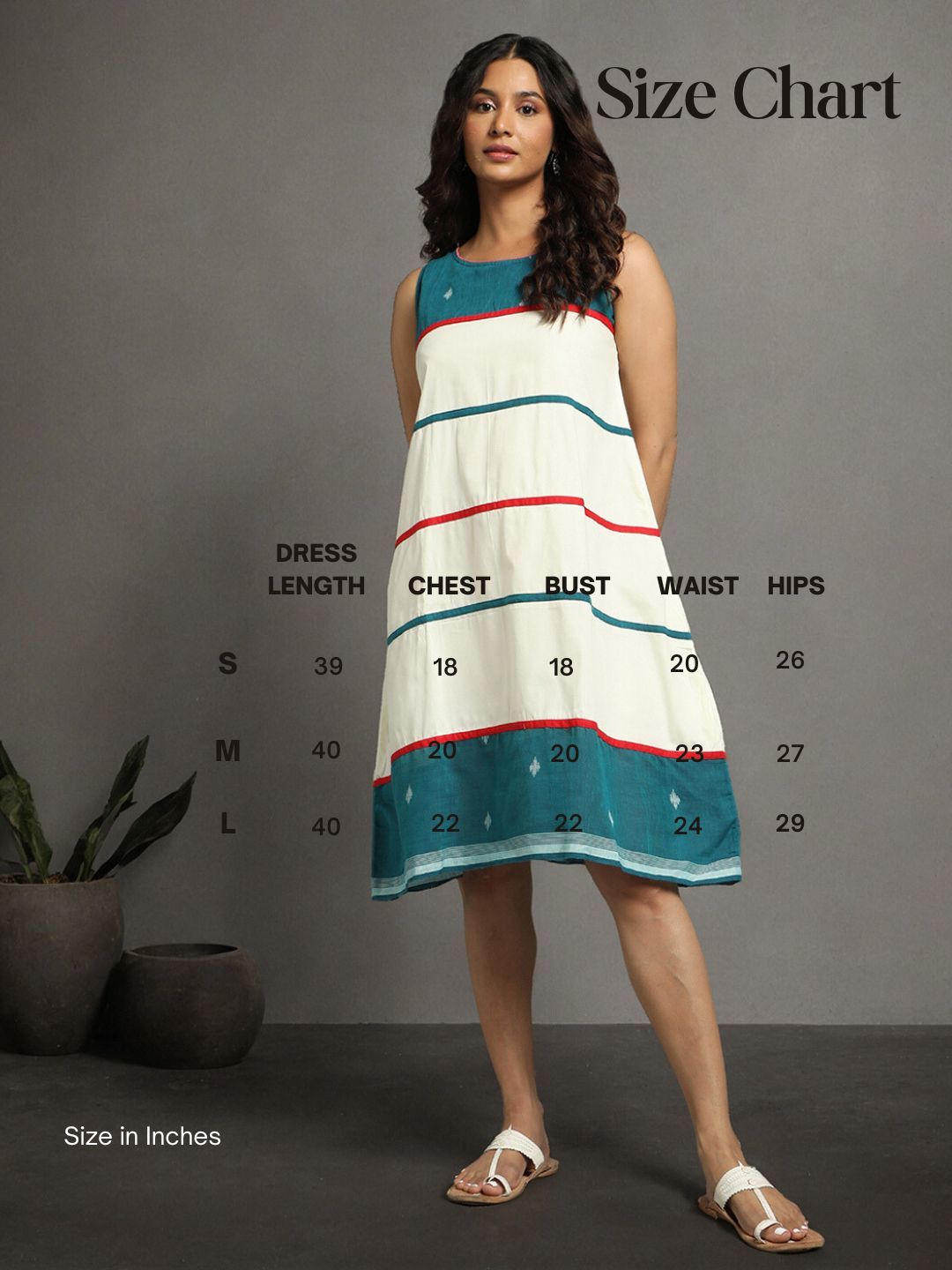 Cream Teal Green Cotton Handloom Striped dress