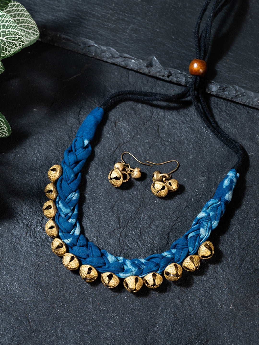 Indigo Handcrafted fabric Choker Brass Ghungroo Jewelry Set