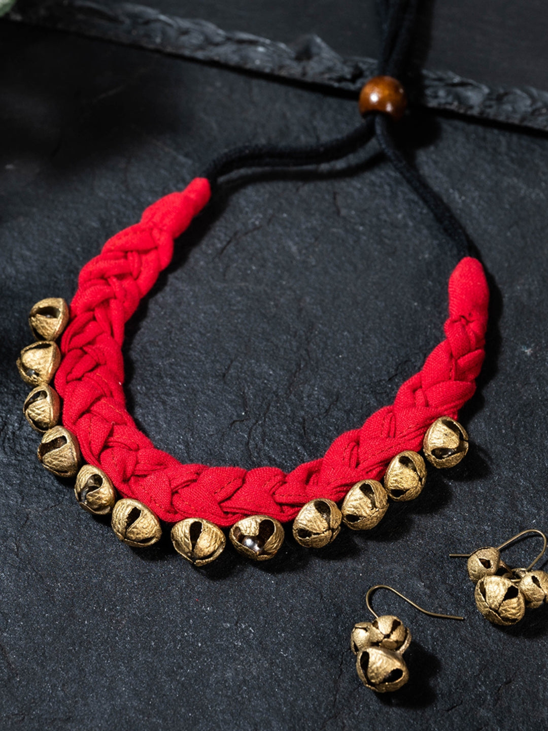 Red Handcrafted Handloom fabric Choker Brass Ghungroo Jewelry set