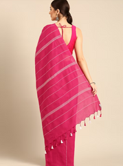 Magenta Handcrafted  Cotton Saree with pompoms