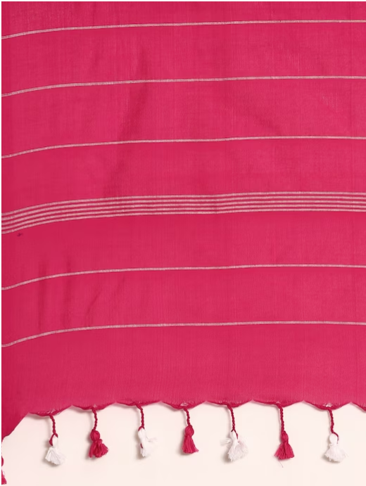 Magenta Handcrafted  Cotton Saree with pompoms