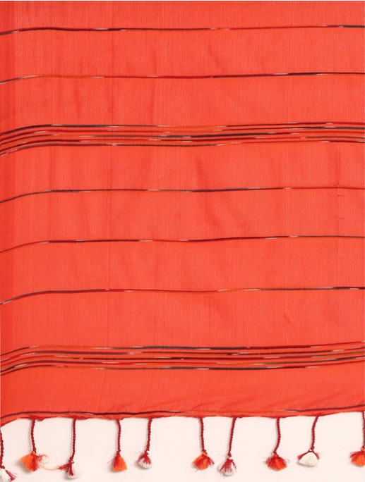 Orange  Handcrafted Cotton Saree with Pompoms