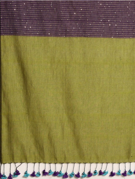 Green Violet Handcrafted Sequins Cotton  Saree