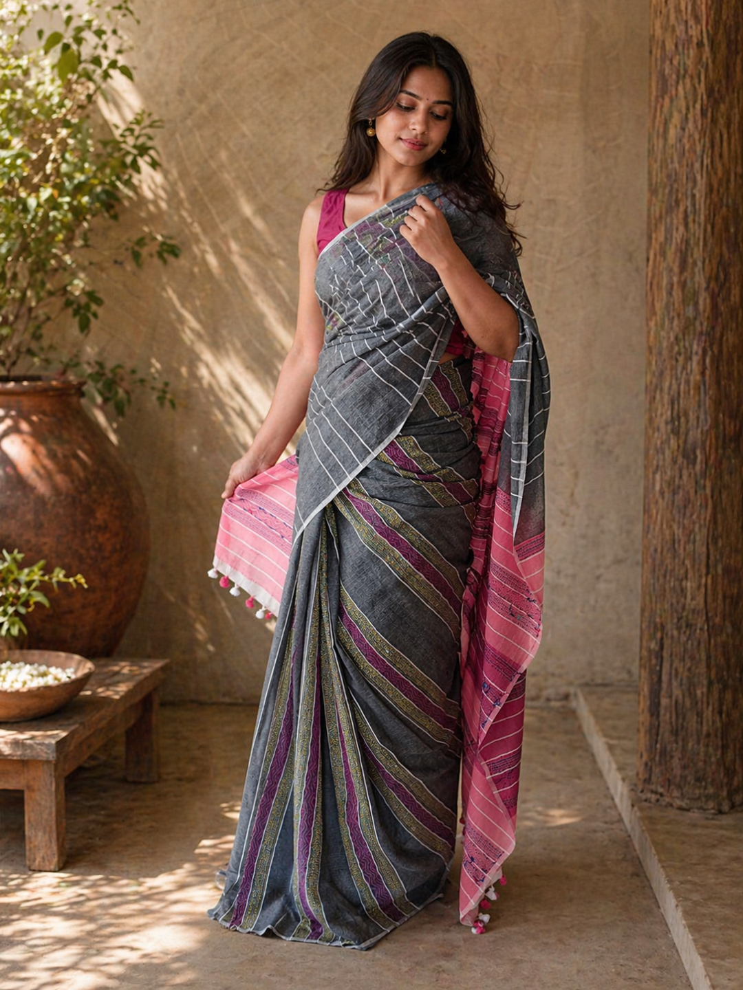Grey Pink Striped Cotton Handloom Kantha Stitch Saree