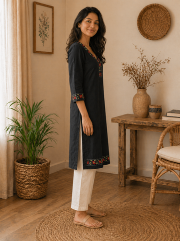 Navy Floral  Kantha Cotton Kurta