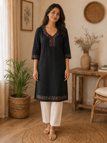 Navy Floral  Kantha Cotton Kurta