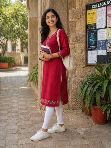 Maroon Floral  Kantha Cotton Kurta