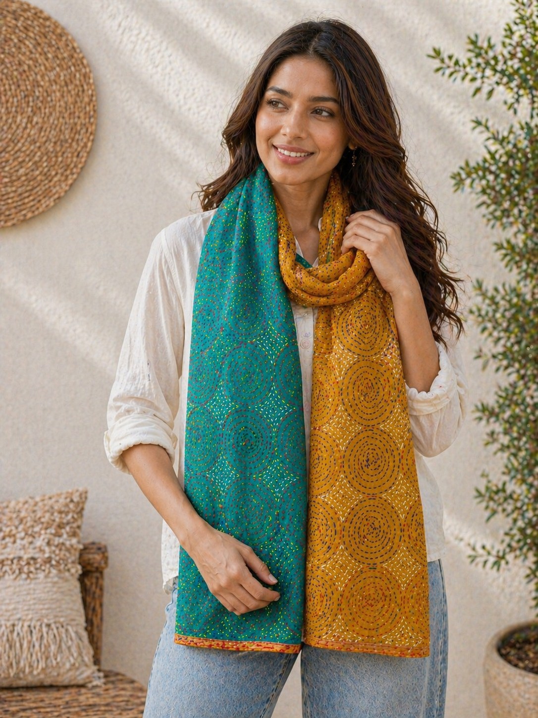Vintage Silk Sea green Yellow Kantha Stitch Reversible Stole
