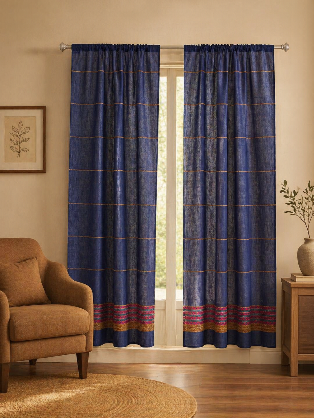 Zaffre Blue  Khesh Kantha Cotton work Door Curtain- Single Panel