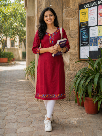 Maroon Floral  Kantha Cotton Kurta